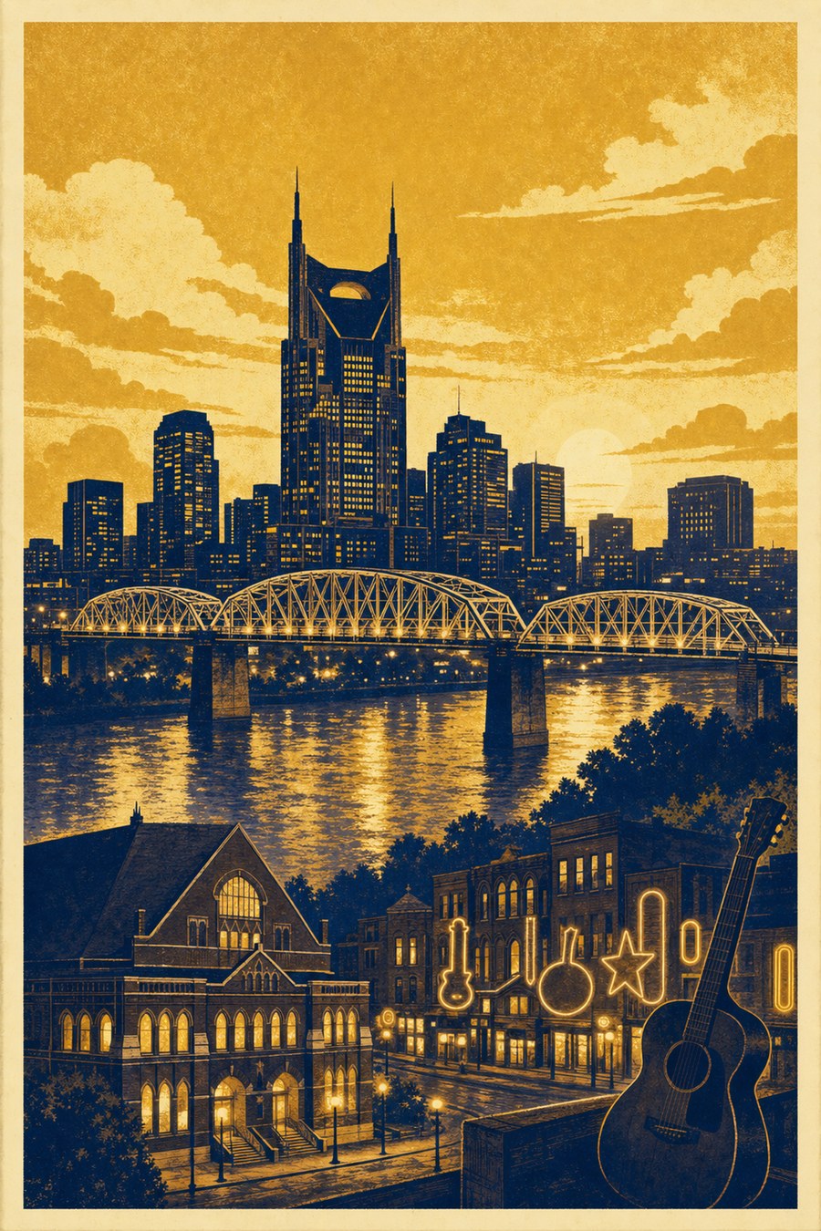 Nashville skyline at golden dusk with the Ryman Auditorium, truss bridge and guitar