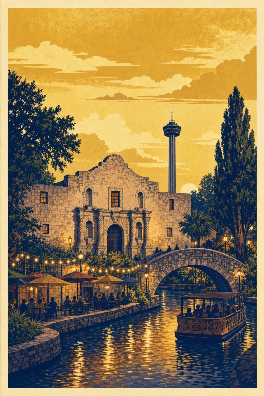 The Alamo and San Antonio River Walk at golden dusk with the Tower of the Americas