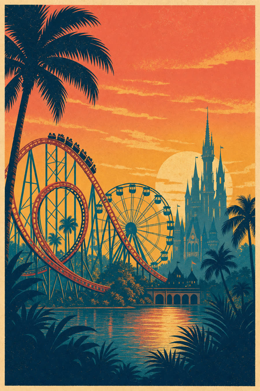 Florida theme park at sunset with roller coaster, Ferris wheel and castle