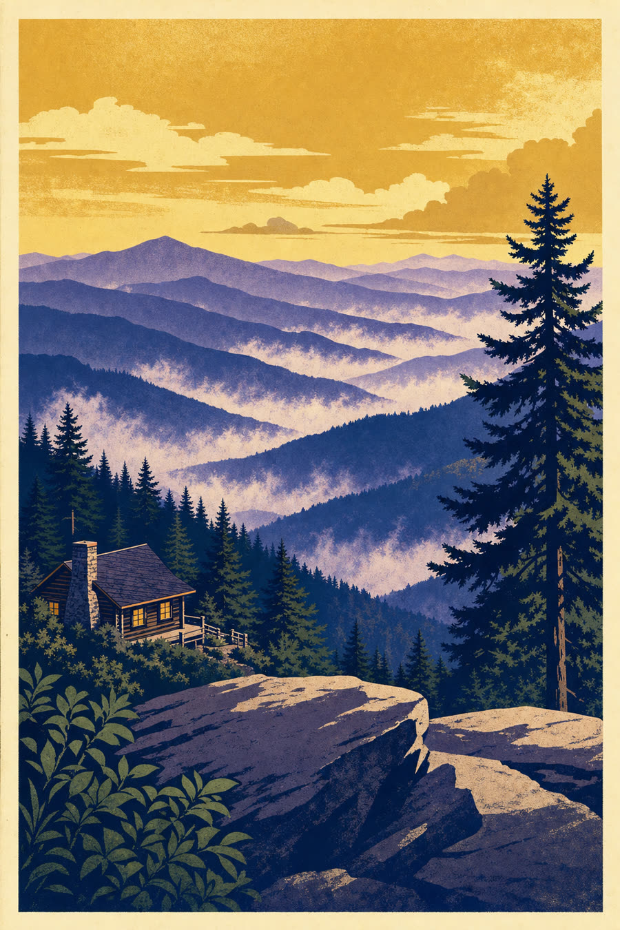 Great Smoky Mountains with misty ridges, cabin and evergreen forest