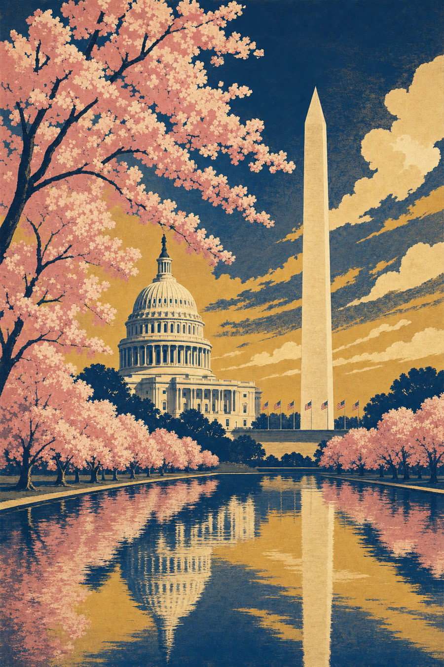 US Capitol dome and Washington Monument with cherry blossoms