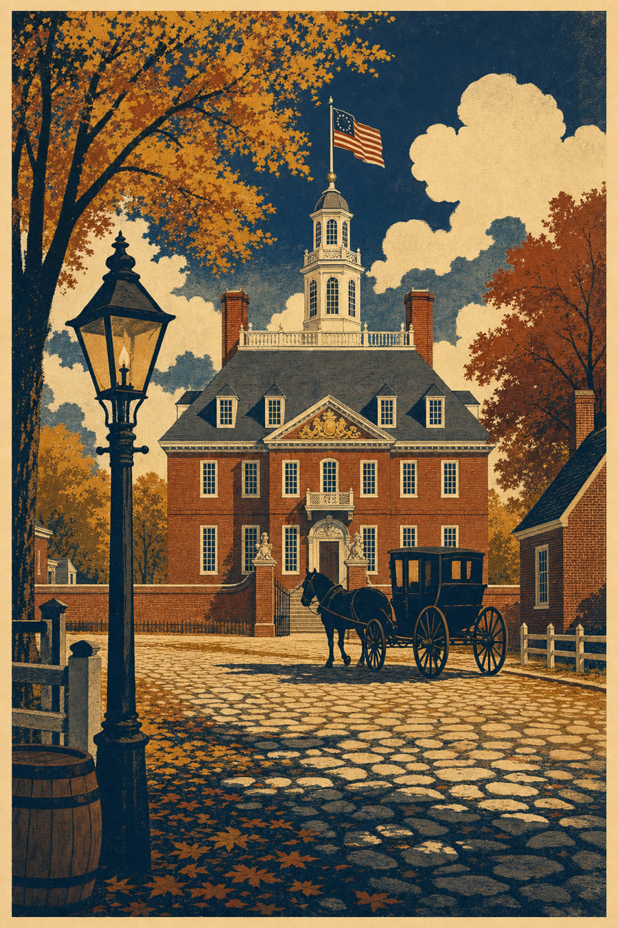 Colonial Williamsburg brick capitol building with cupola, horse-drawn carriage and cobblestone street