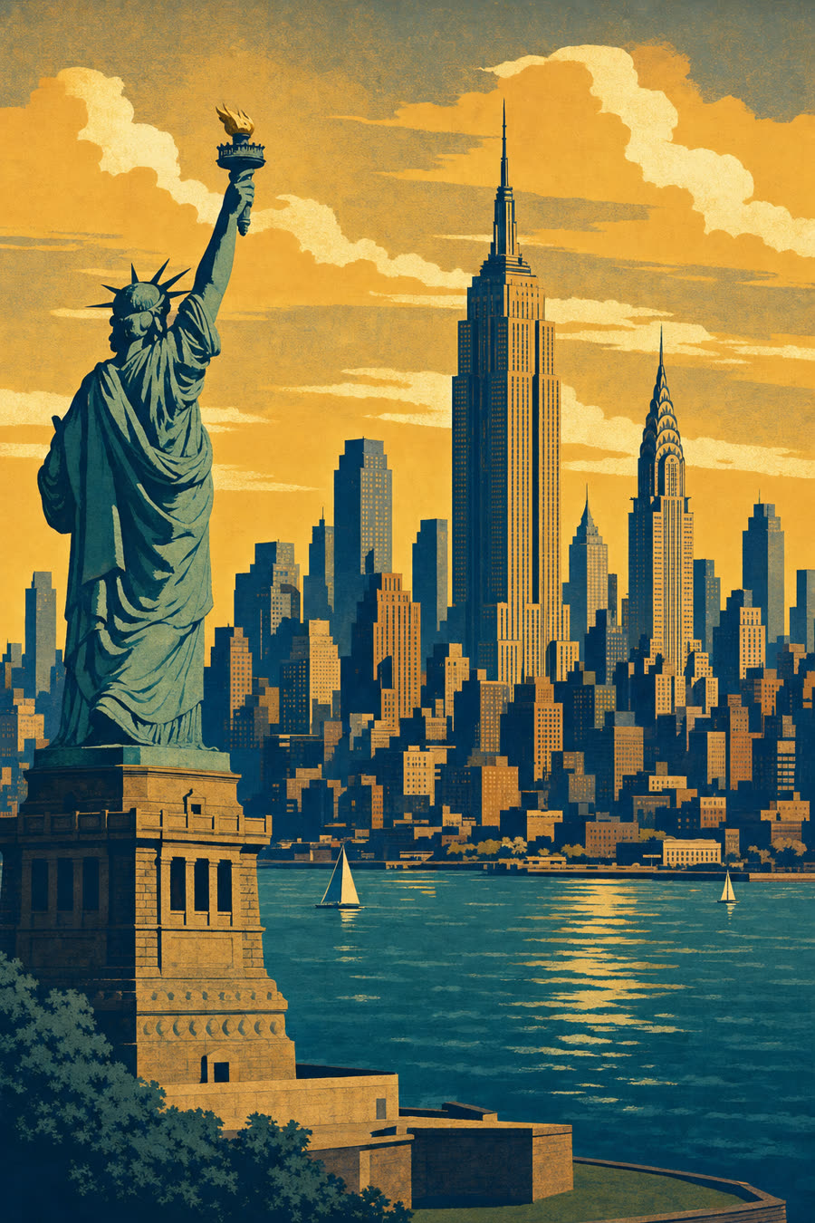 New York City skyline with Empire State Building and Statue of Liberty at dusk